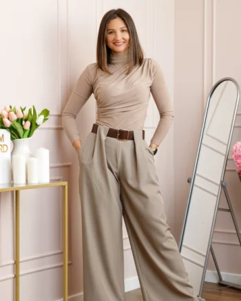 Pantaloni dama Judith bej cu croi larg si talie inalta cu curea