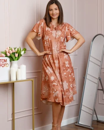 Rochie midi caramizie cu imprimeu floral ivoire si snur la decolteu Shelby