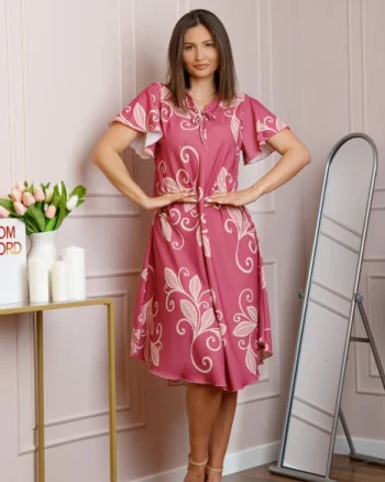Rochie midi roz cu imprimeu floral ivoire si snur la decolteu Shelby