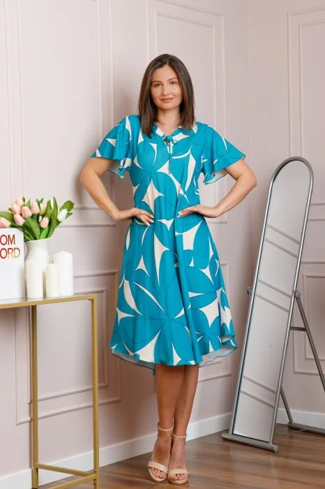 Rochie midi turcoaz cu imprimeu abstract ivoire si snur la decolteu Shelby