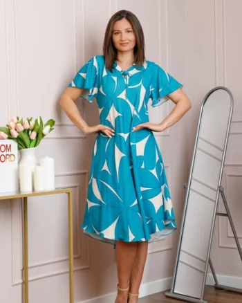 Rochie midi turcoaz cu imprimeu abstract ivoire si snur la decolteu Shelby