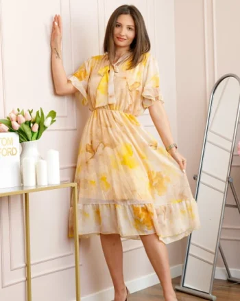 Rochie midi galbena Annalise cu imprimeu floral si funda la decolteu