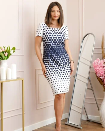 Rochie alba eleganta cu imprimeu geometric bleumarin Lyra
