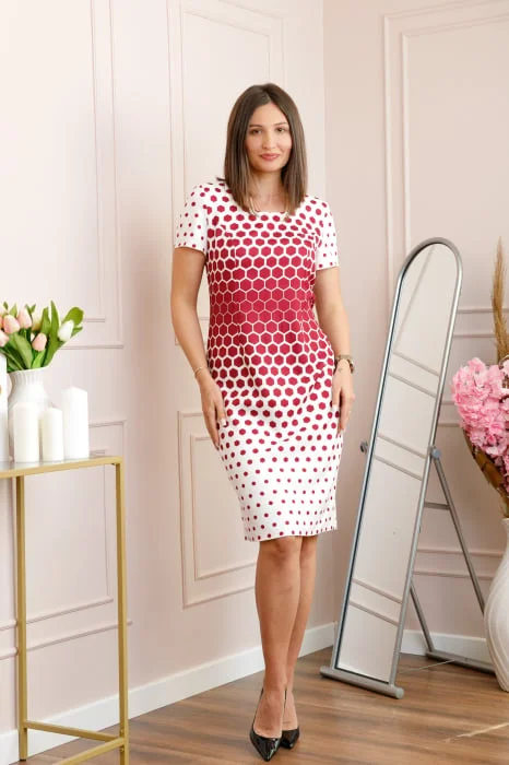 Rochie alba eleganta cu imprimeu geometric rosu Lyra