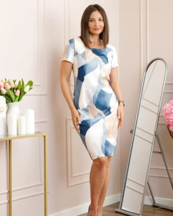 Rochie alba eleganta cu imprimeu abstract Lyra