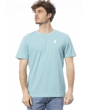 Tricou de bumbac cu decolteu la baza gatului, Albastru azur