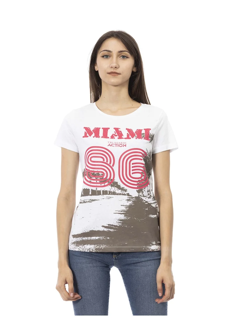 Tricou slim-fit cu design si decolteu rotund, Alb