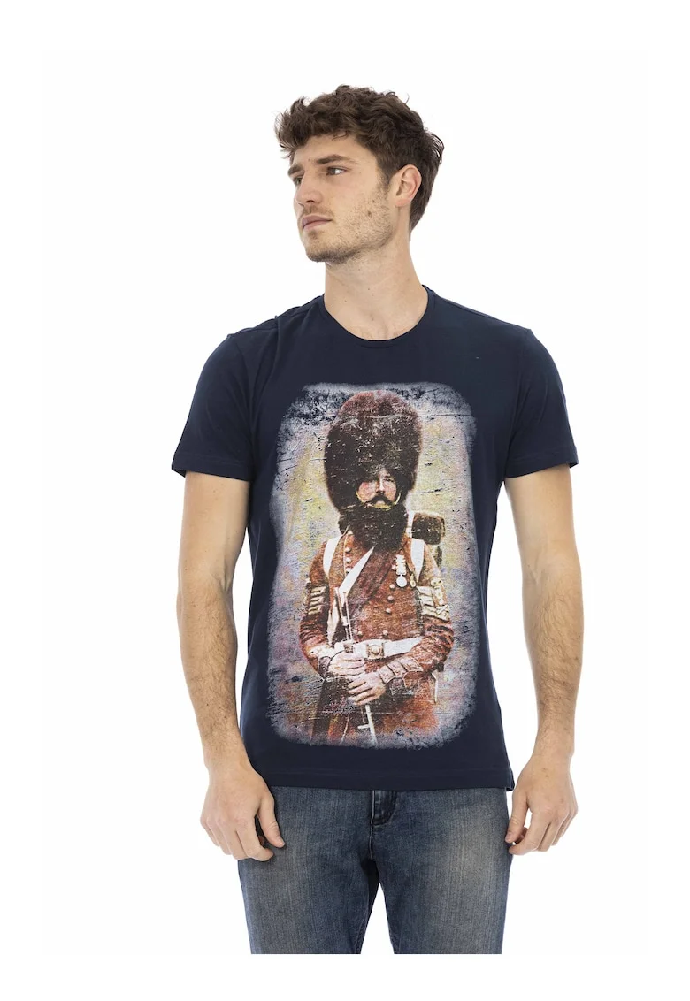 Tricou cu decolteu la baza gatului si imprimeu grafic, Albastru inchis