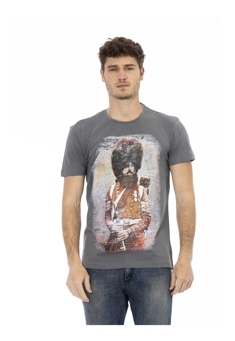 Tricou cu decolteu la baza gatului si imprimeu grafic, Gri