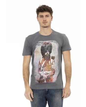 Tricou cu decolteu la baza gatului si imprimeu grafic, Gri
