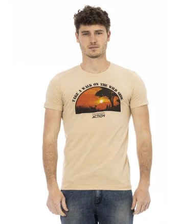 Tricou slim-fit cu decolteu la baza gatului si design, Bej inchis