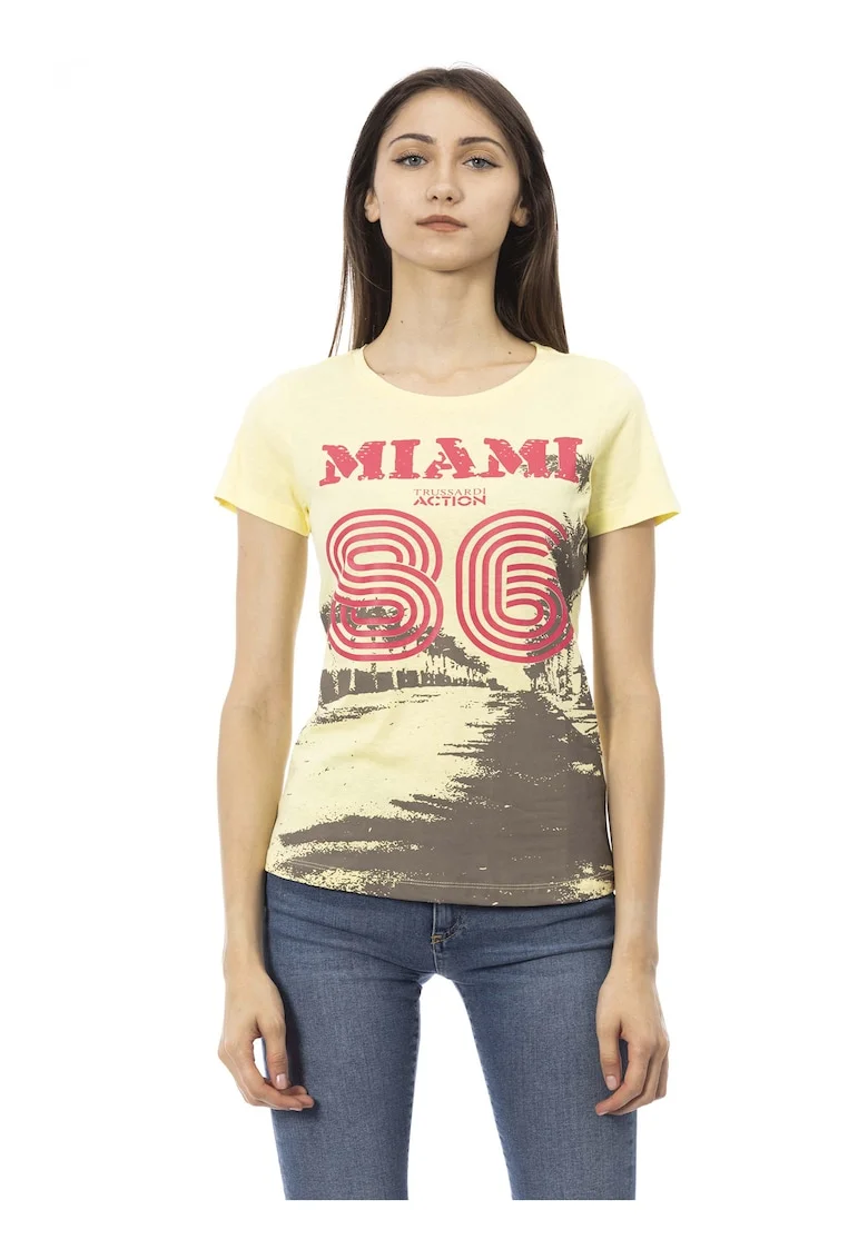 Tricou slim-fit cu design si decolteu rotund, Galben
