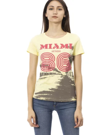 Tricou slim-fit cu design si decolteu rotund, Galben