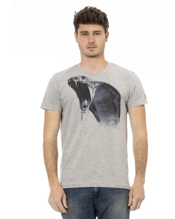 Tricou cu decolteu la baza gatului si imprimeu grafic, Gri