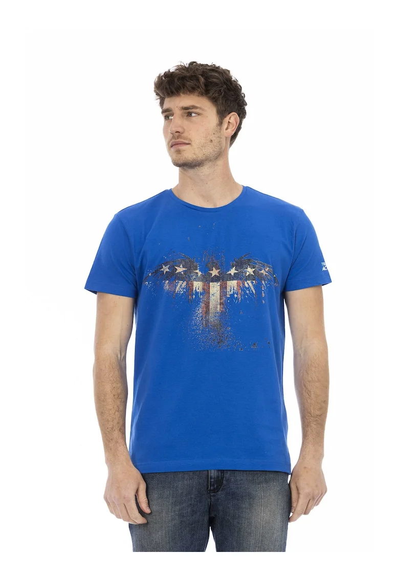 Tricou cu decolteu la baza gatului si imprimeu grafic, Albastru royal