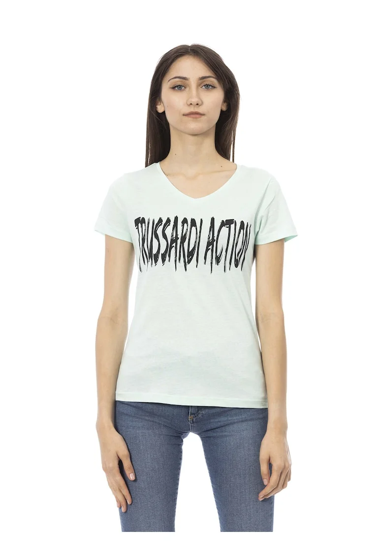 Tricou cu decolteu in V si logo, Verde pal