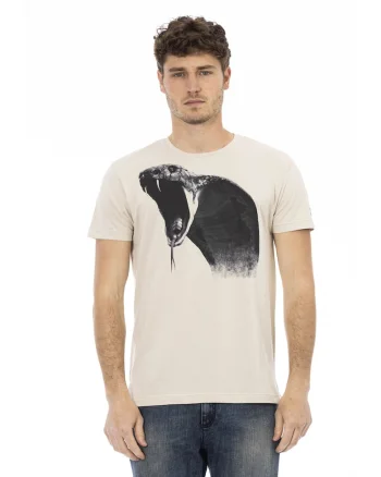 Tricou cu decolteu la baza gatului si imprimeu grafic, Bej inchis