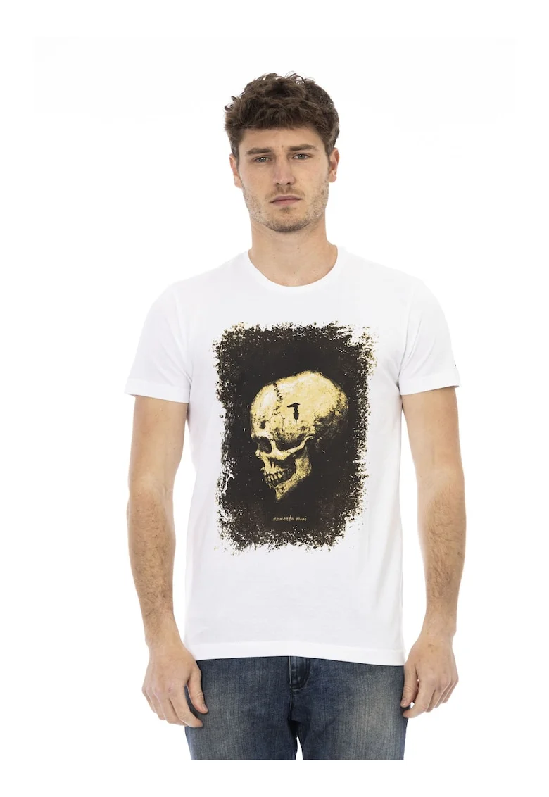 Tricou cu decolteu la baza gatului si imprimeu, Alb