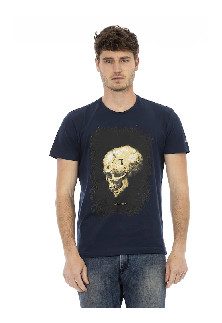 Tricou cu decolteu la baza gatului si imprimeu, Albastru inchis