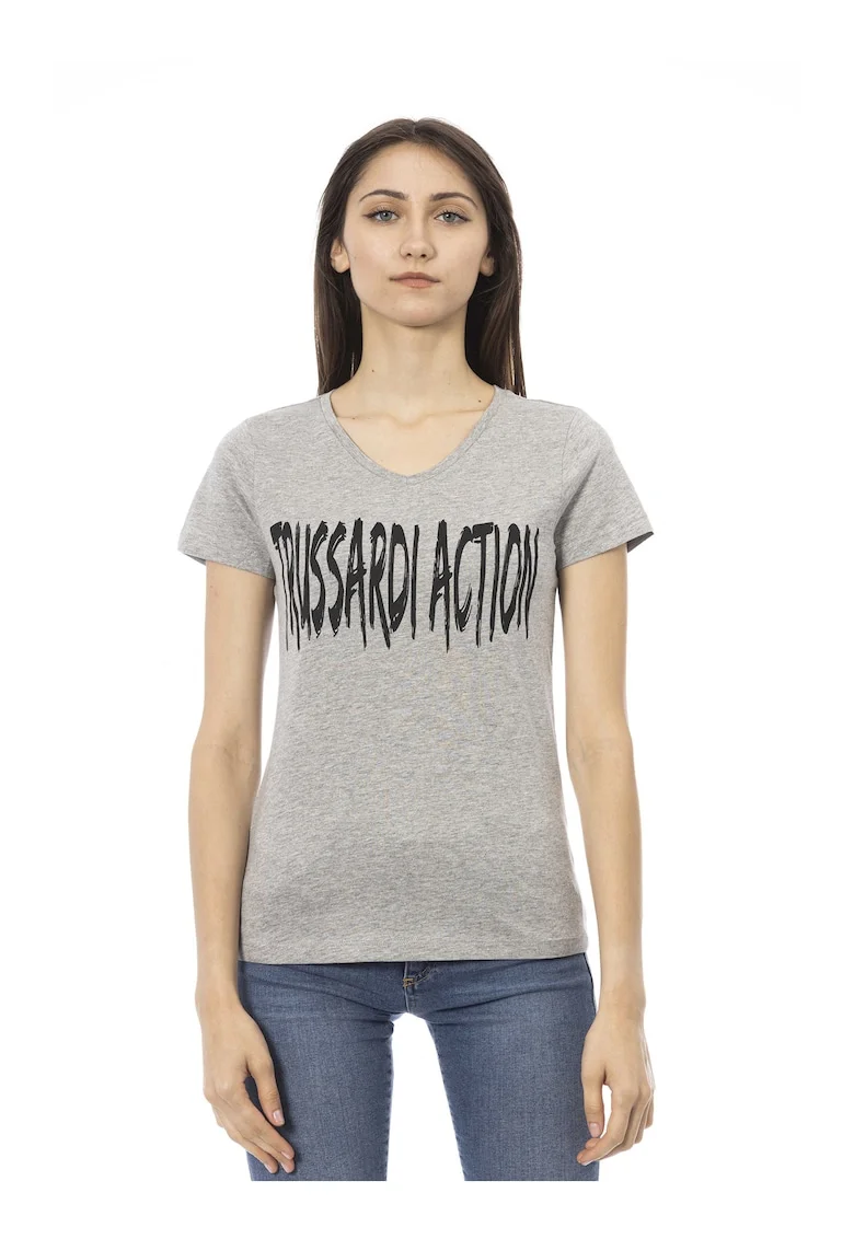 Tricou cu decolteu in V si logo, Gri