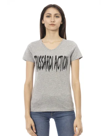 Tricou cu decolteu in V si logo, Gri