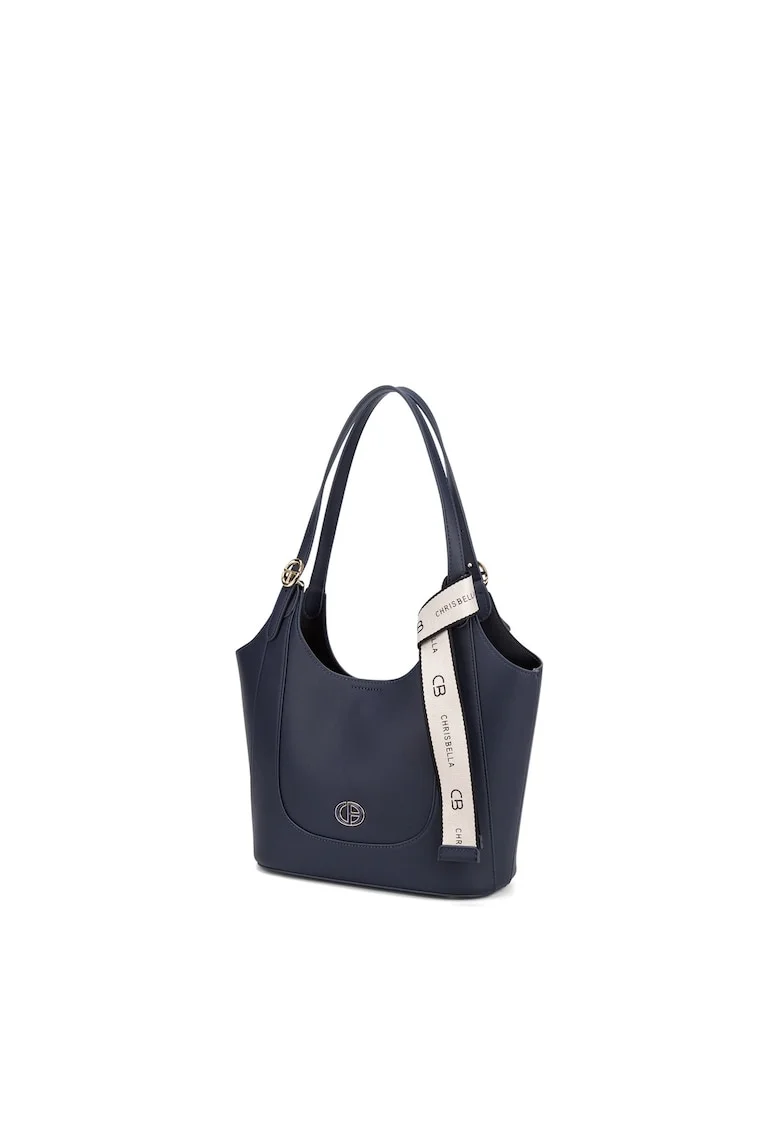 Geanta shopper din piele ecologica cu accesoriu logo, Bleumarin