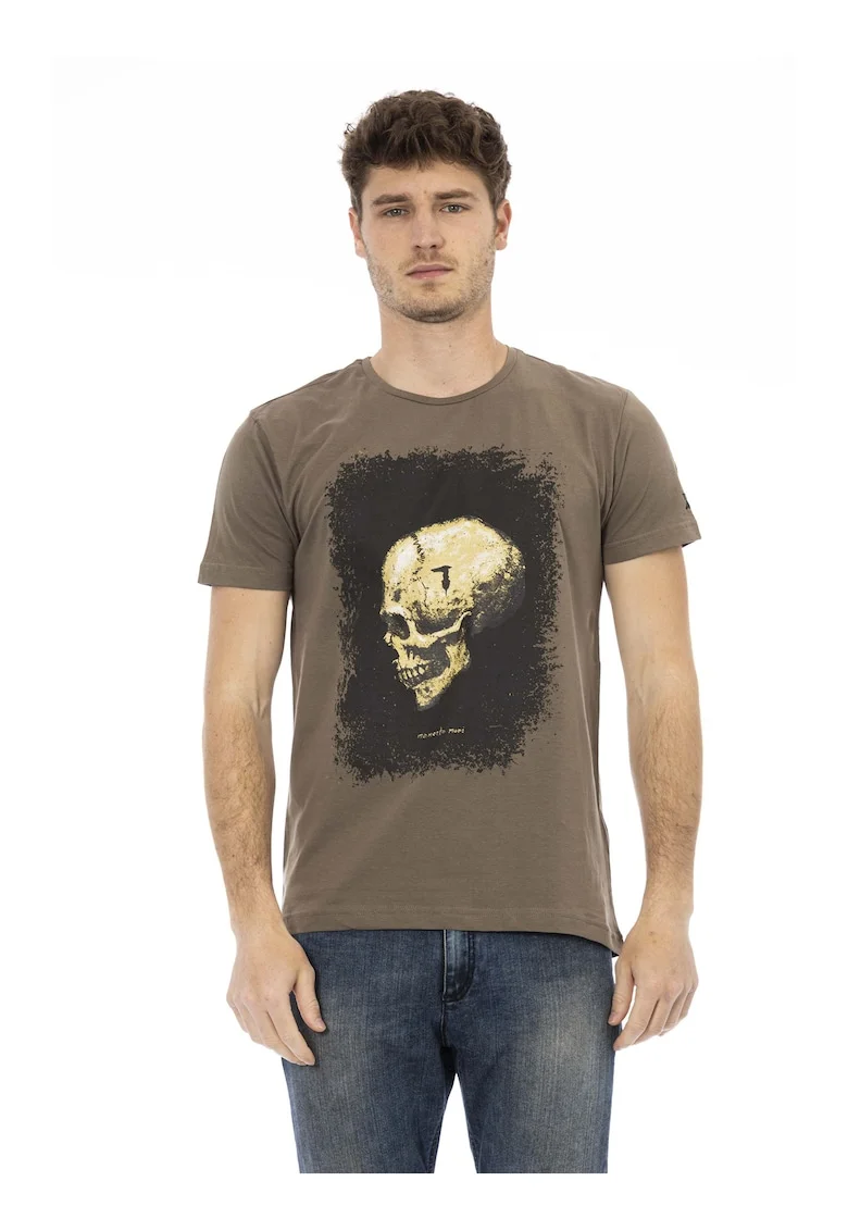 Tricou cu decolteu la baza gatului si imprimeu, Maro inchis
