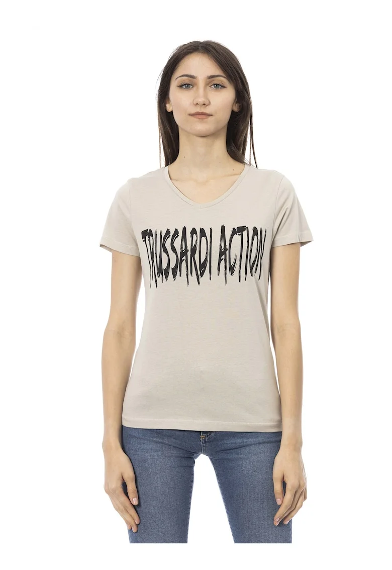 Tricou cu decolteu in V si logo, Maro camel