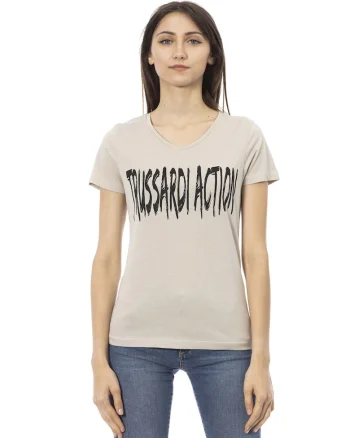 Tricou cu decolteu in V si logo, Maro camel