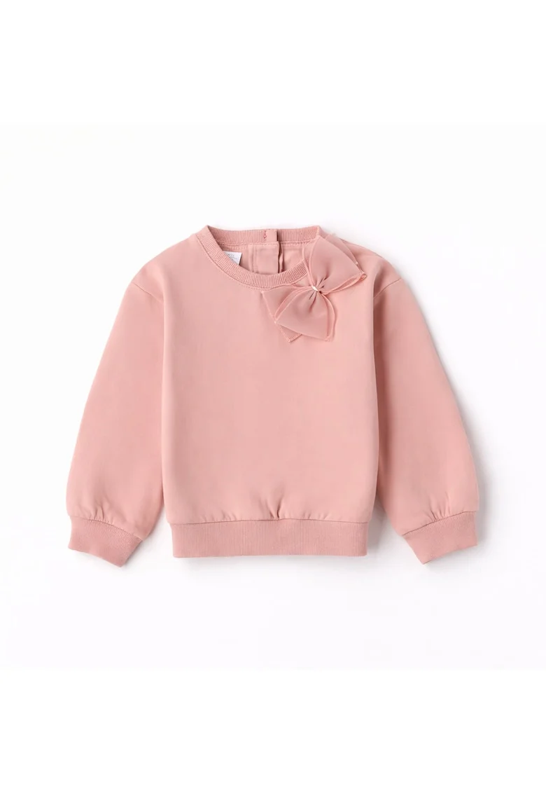 Hanorac fete iDO din bumbac elastic cu interior fleece, imprimeu catelus cu aplicatii si fundita, Roz pudrat