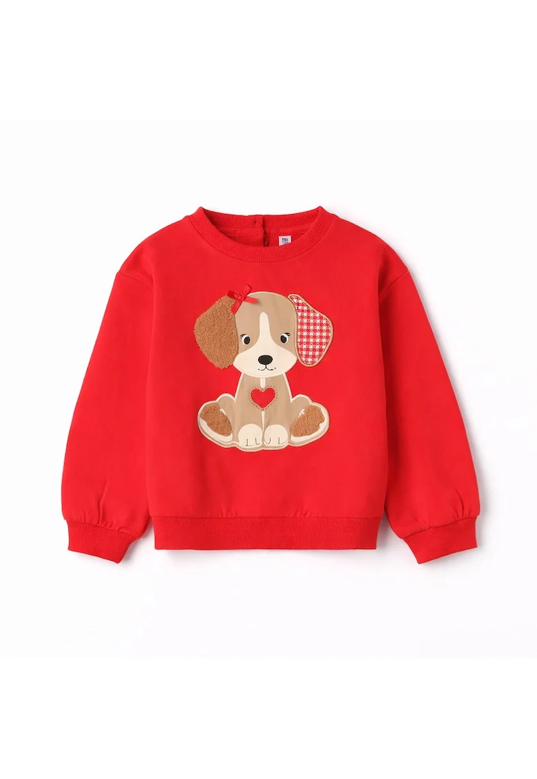 Hanorac fete iDO din bumbac elastic cu interior fleece, imprimeu catelus cu aplicatii si fundita, Rosu