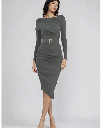 Rochie midi cu croiala cambrata si curea, Gri deschis