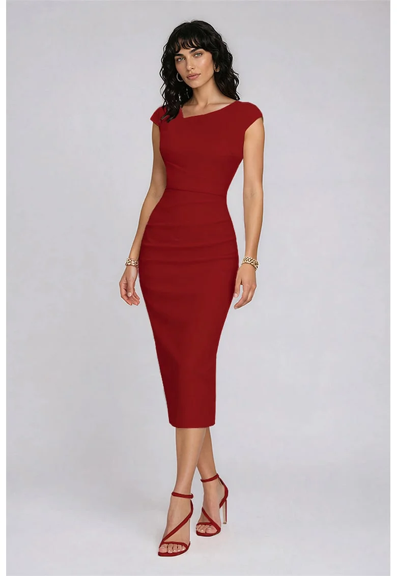 Rochie midi cu croiala cambrata, Rosu
