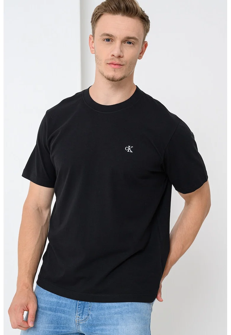 Tricou din bumbac cu decolteu la baza gatului, Negru