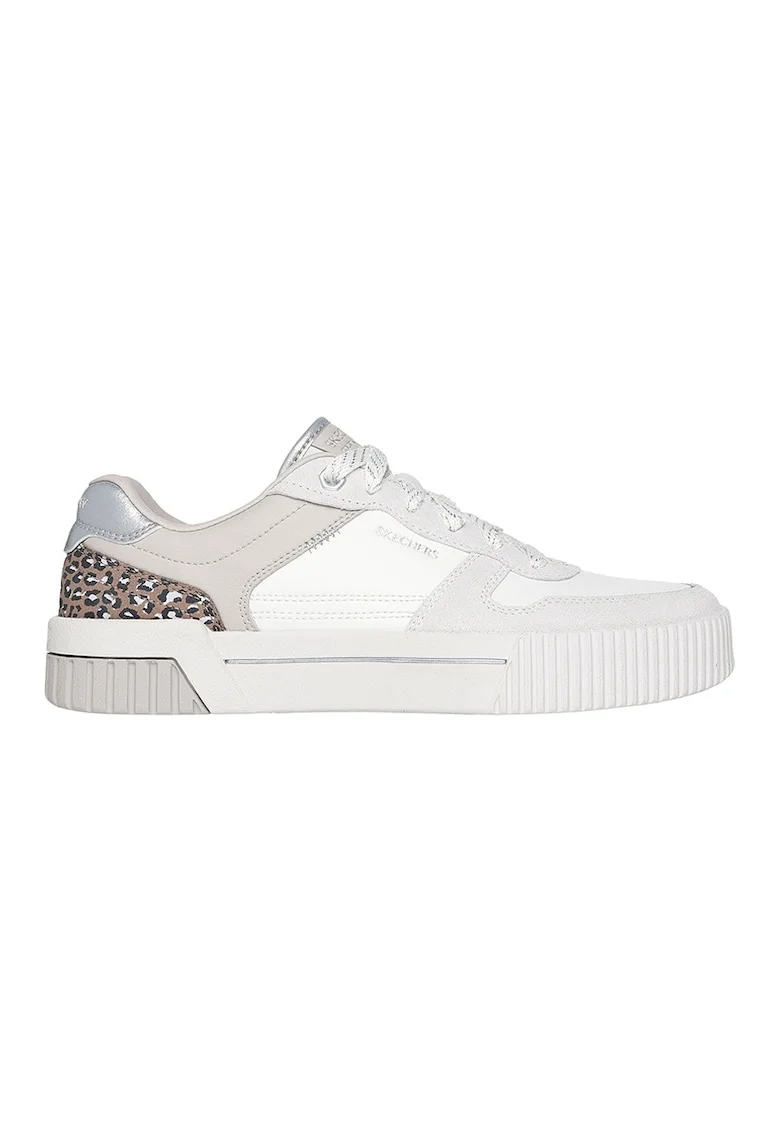 Pantofi sport cu talpa flatform si insertii din piele intoarsa Jade, Alb/Maro taupe deschis/Argintiu