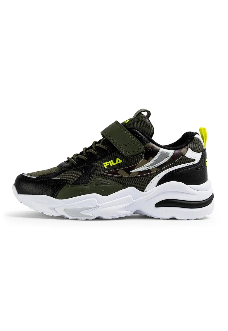 Pantofi sport cu insertii de plasa si velcro Madrun, Negru/Kaki inchis/Verde lime