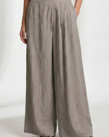 Pantaloni de vara din in cu croiala ampla si pliuri in talie, bej inchis