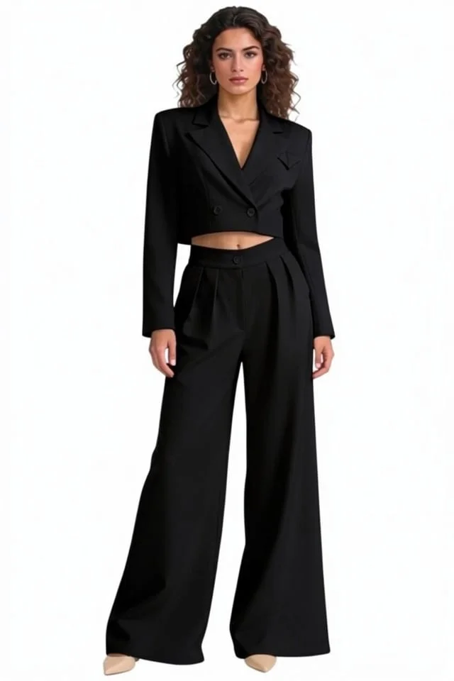 Costum office Marcella, cu sacou structurat si pantaloni evazati, Negru, Marime S/M