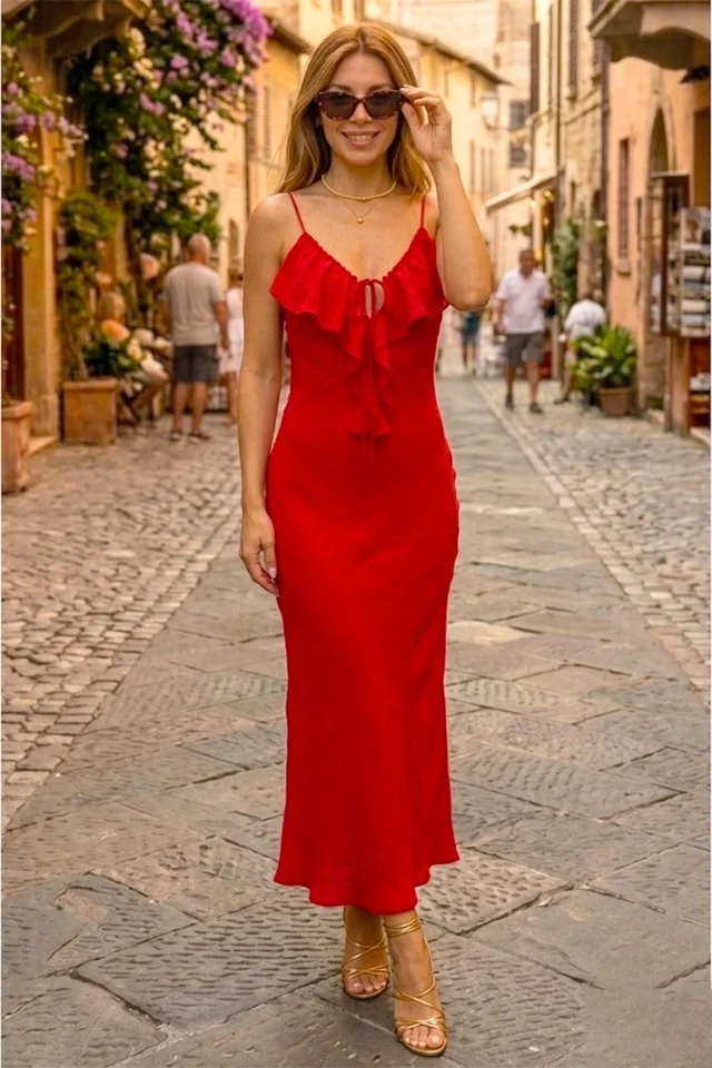 Rochie lunga de vara CALYRA, cu volane si bretele subtiri, Rosu, Marime S/M