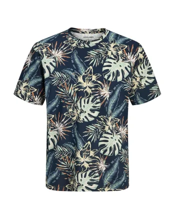 Tricou din bumbac cu decolteu la baza gatului si imprimeu, Bleumarin