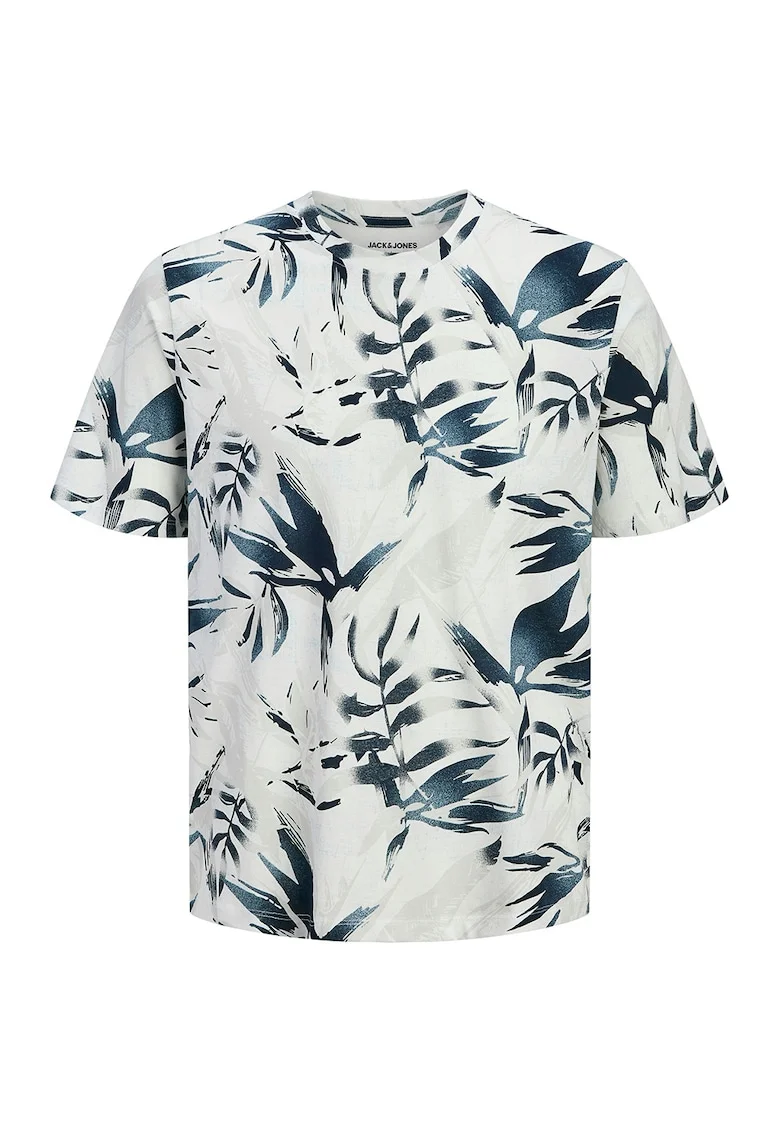 Tricou din bumbac cu decolteu la baza gatului si imprimeu, Crem/Bleumarin