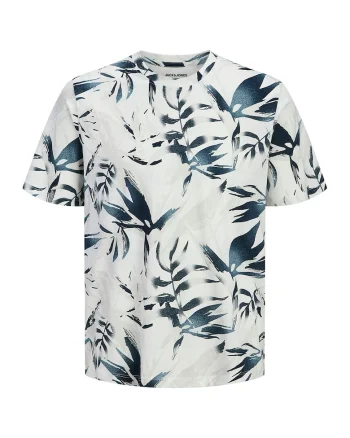 Tricou din bumbac cu decolteu la baza gatului si imprimeu, Crem/Bleumarin