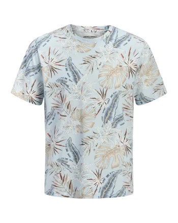 Tricou din bumbac cu decolteu la baza gatului si imprimeu, Albastru pastel