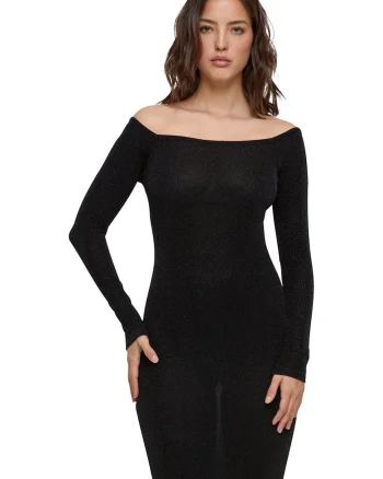 Rochie cu aspect stralucitor si decolteu pe umeri, Negru