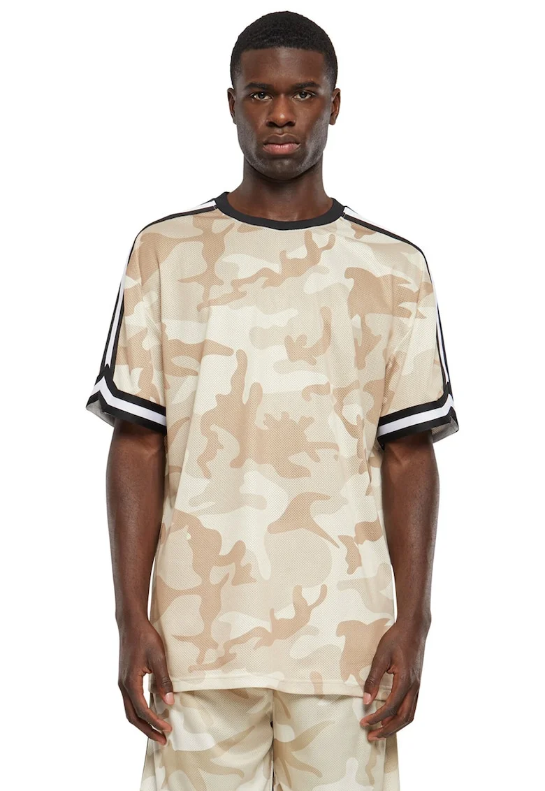 Tricou cu decolteu la baza gatului si imprimeu camuflaj, Bej/Bej deschis