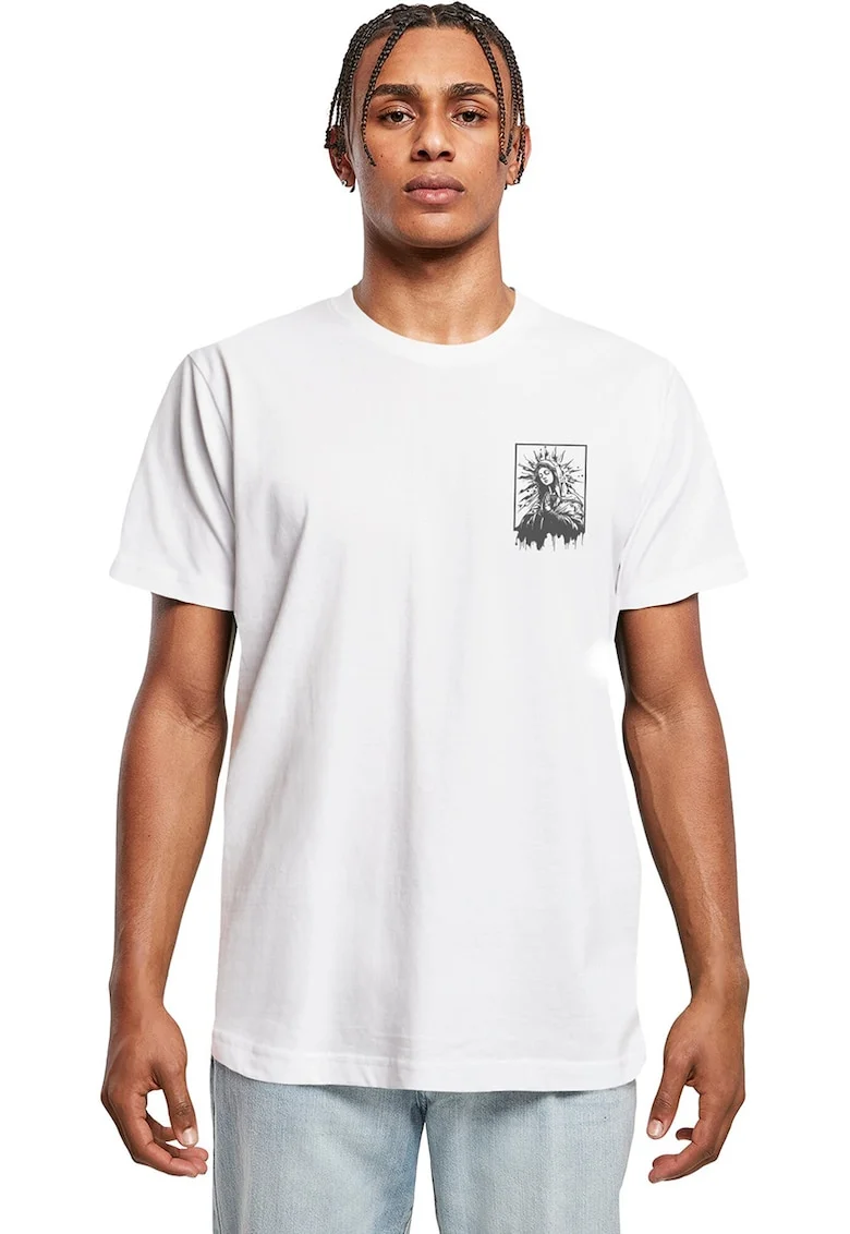 Tricou cu decolteu la baza gatului si imprimeu, Alb