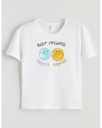 Tricou cu model grafic, Alb/Portocaliu/Albastru deschis