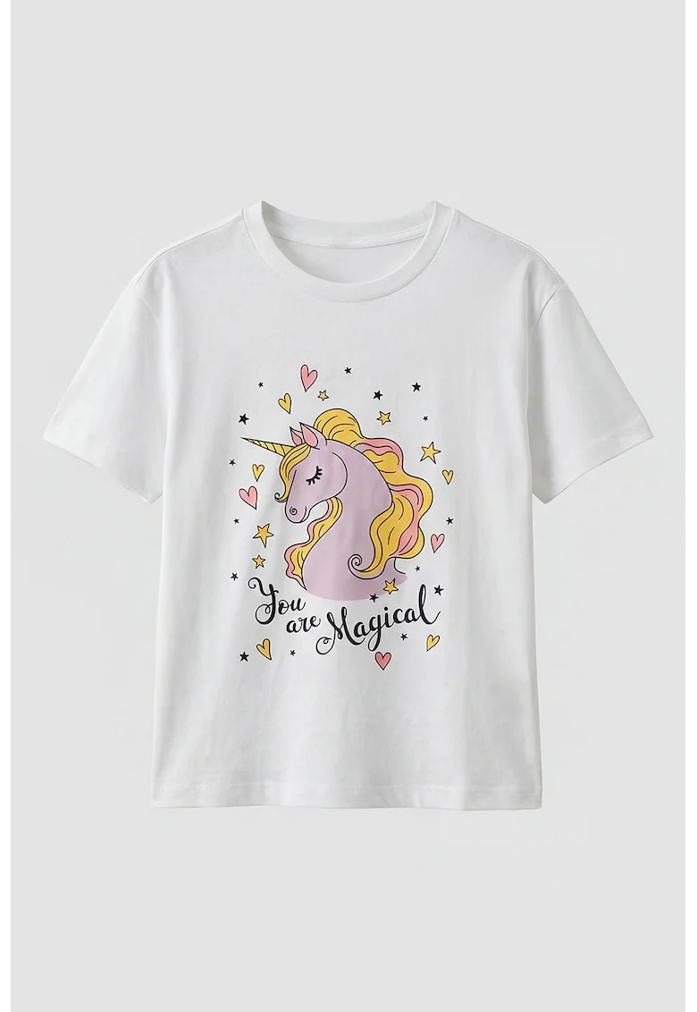 Tricou cu decolteu la baza gatului si model grafic, Alb/Galben/Liliac prafuit