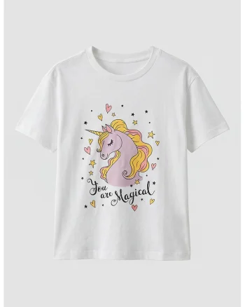 Tricou cu decolteu la baza gatului si model grafic, Alb/Galben/Liliac prafuit