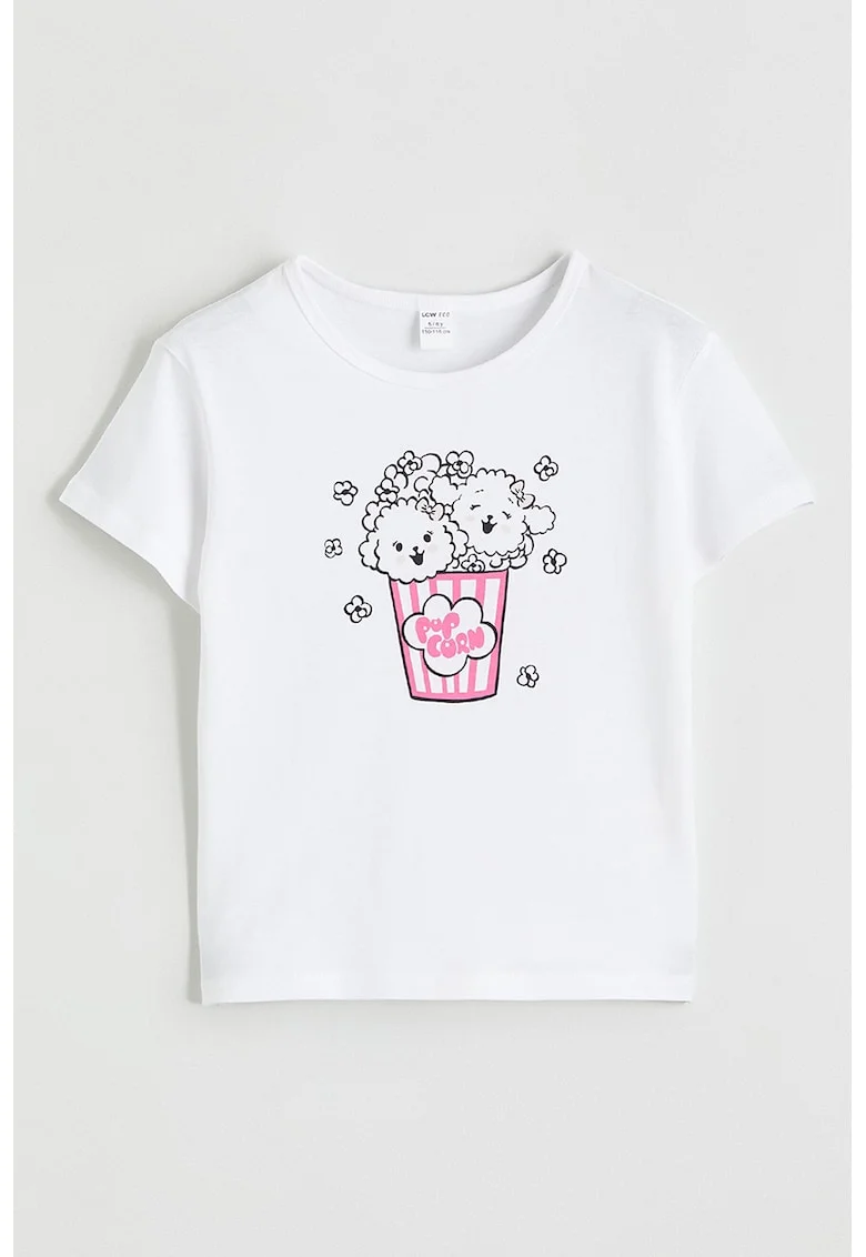 Tricou de bumbac cu decolteu la baza gatului, Alb/Negru/Roz
